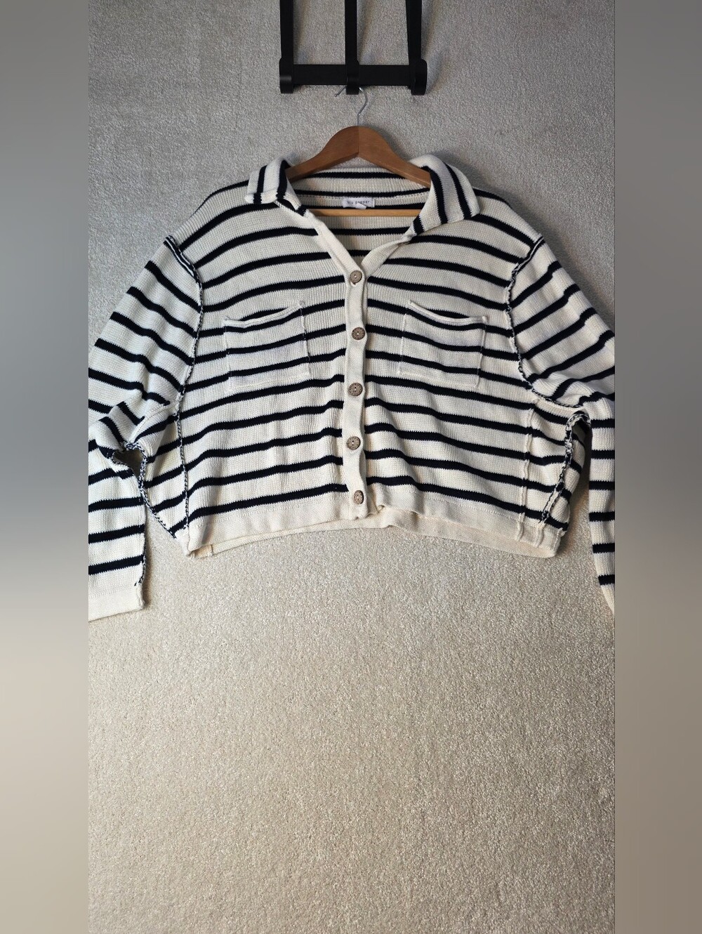 Blu Pepper Cream And Navy‎ Striped Cardigan Sweater Slouchy Size M